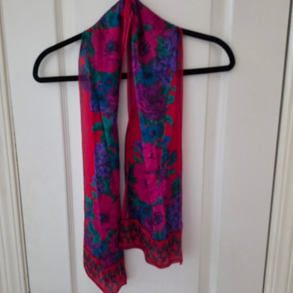 Liz Claiborne Red Silk Floral Scarf Pink Purple Teal Rectangular 10x52